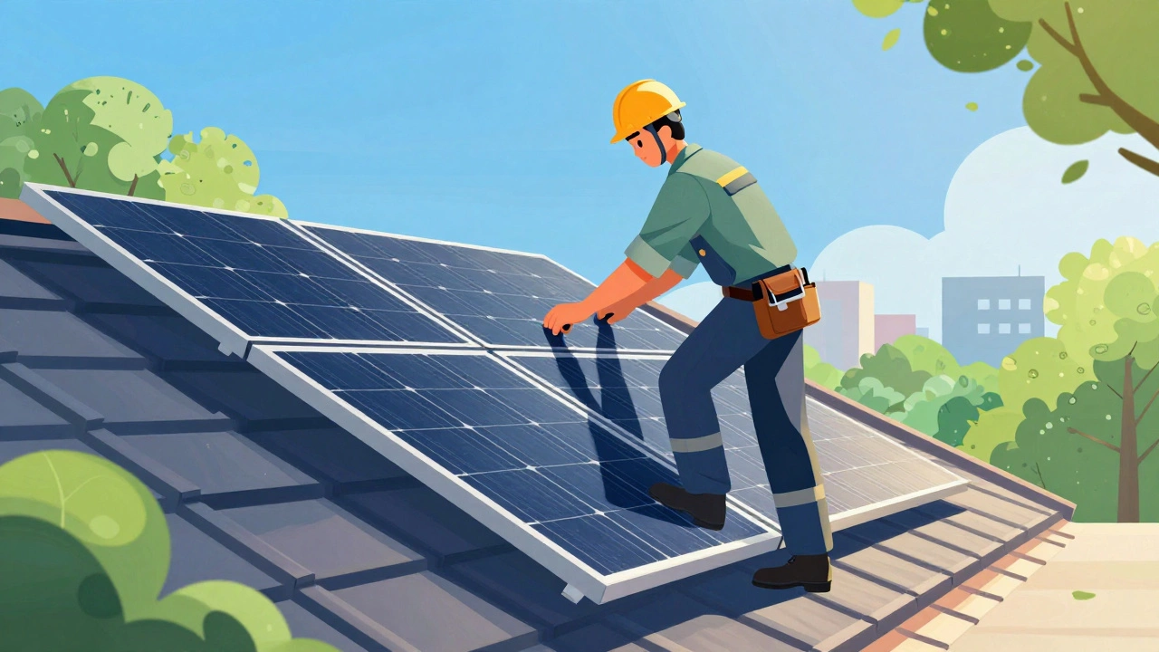 Technician installing solar panels on residential roof