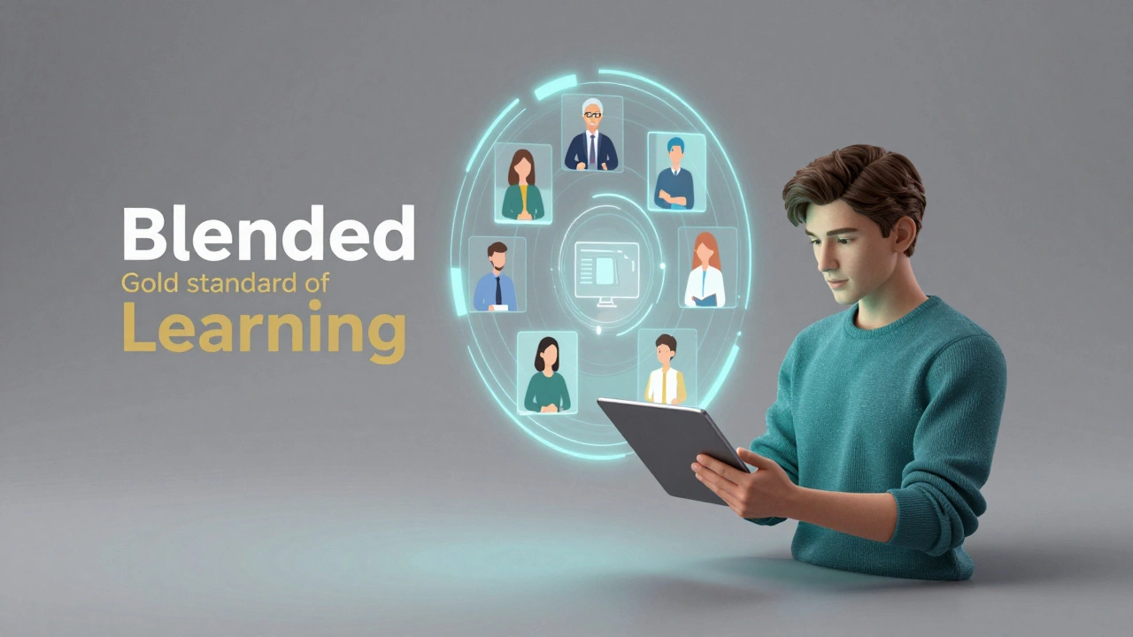 A blend of a student using a tablet and a holographic group discussion, depicting blended learning.