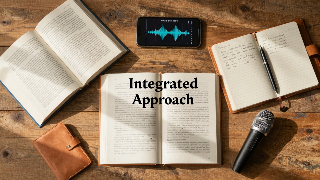 A desk with a book, smartphone, journal, and microphone arranged in a circle.