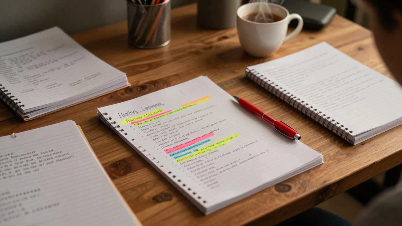 A desk with a detailed lesson plan, red pen, and student notebooks for grading.