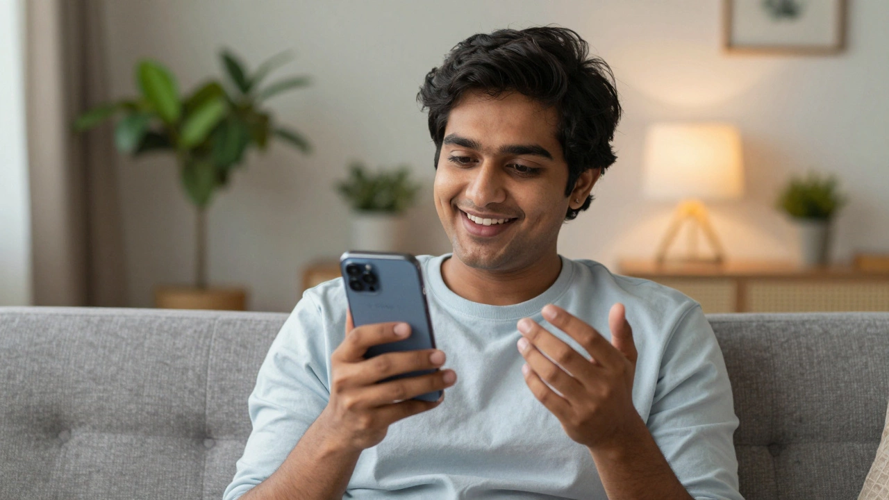 A person in a cozy Indian home practicing English speaking with an AI voice assistant on a smartphone.