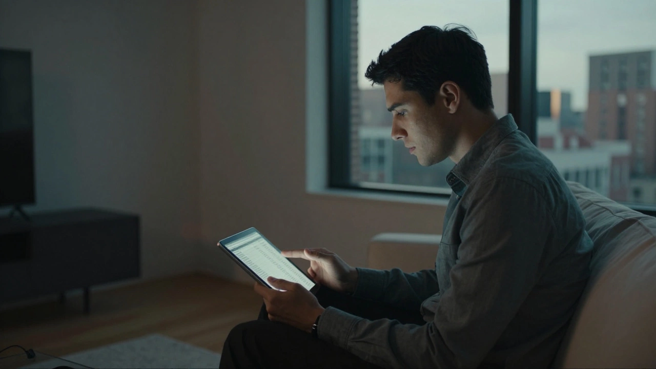 A professional reflecting on finances in a modern city apartment at dusk