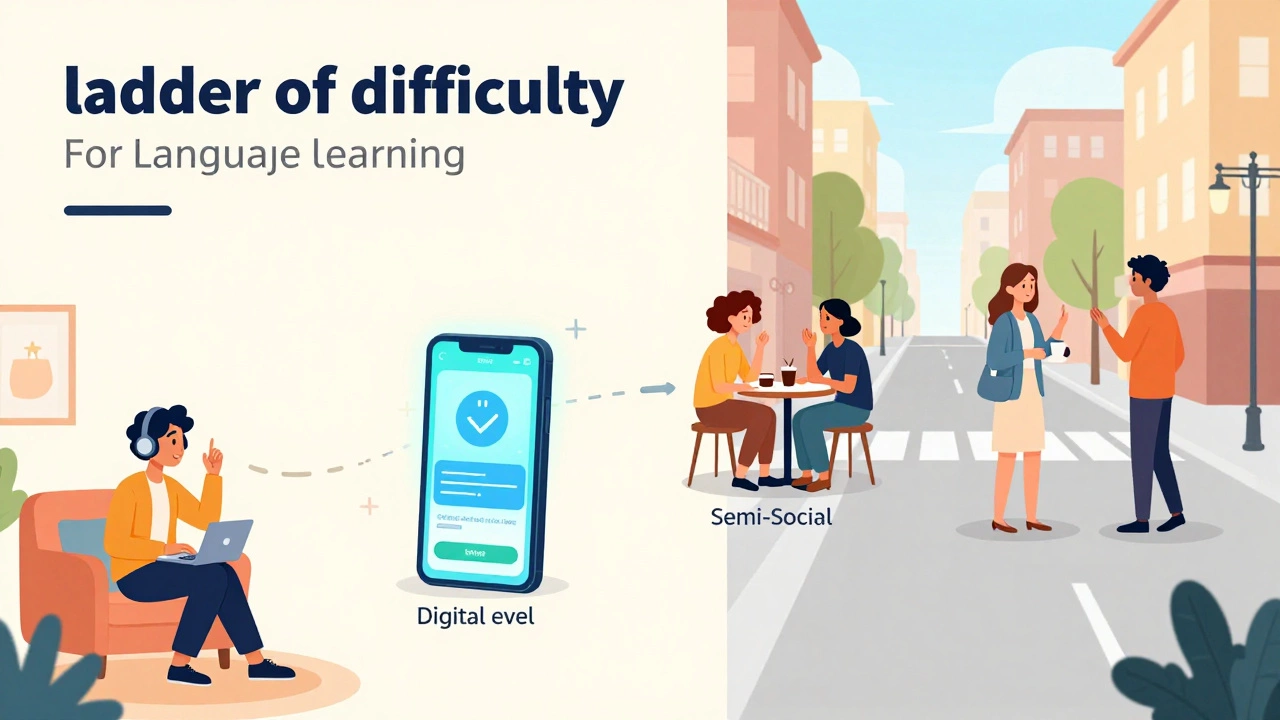 A visual progression from solo practice to speaking with strangers in a public city setting.