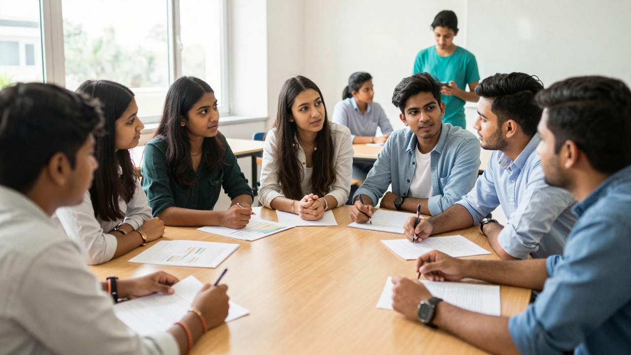 Indian students collaborating and debating in a bright, modern classroom.
