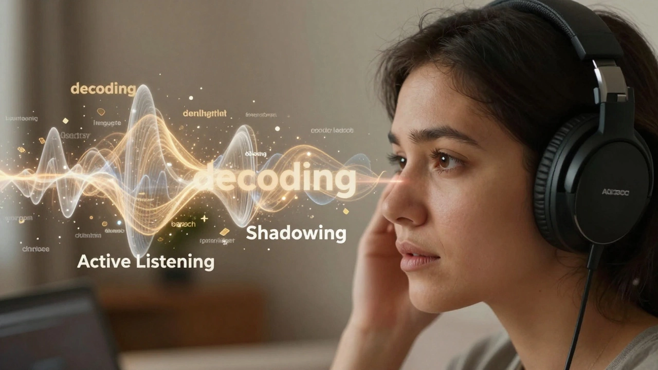 Person with headphones surrounded by floating sound waves and English words.