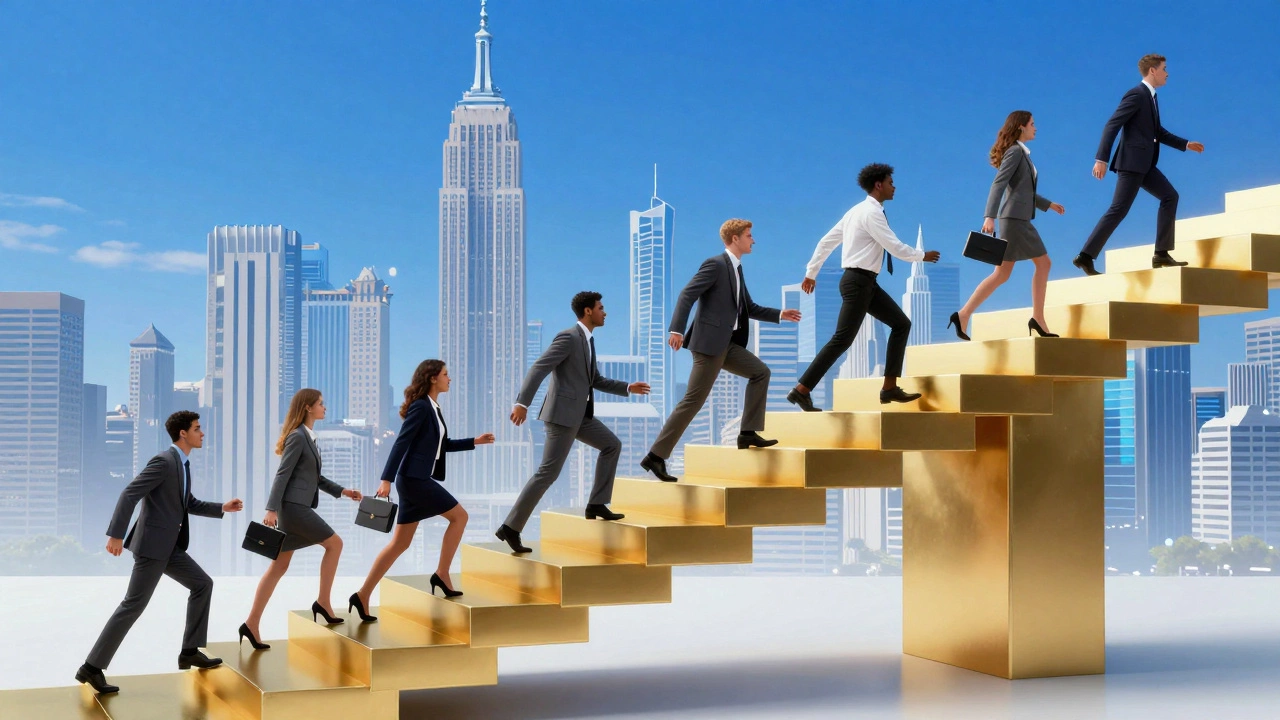Professionals climbing golden stairs toward a city skyline representing career growth