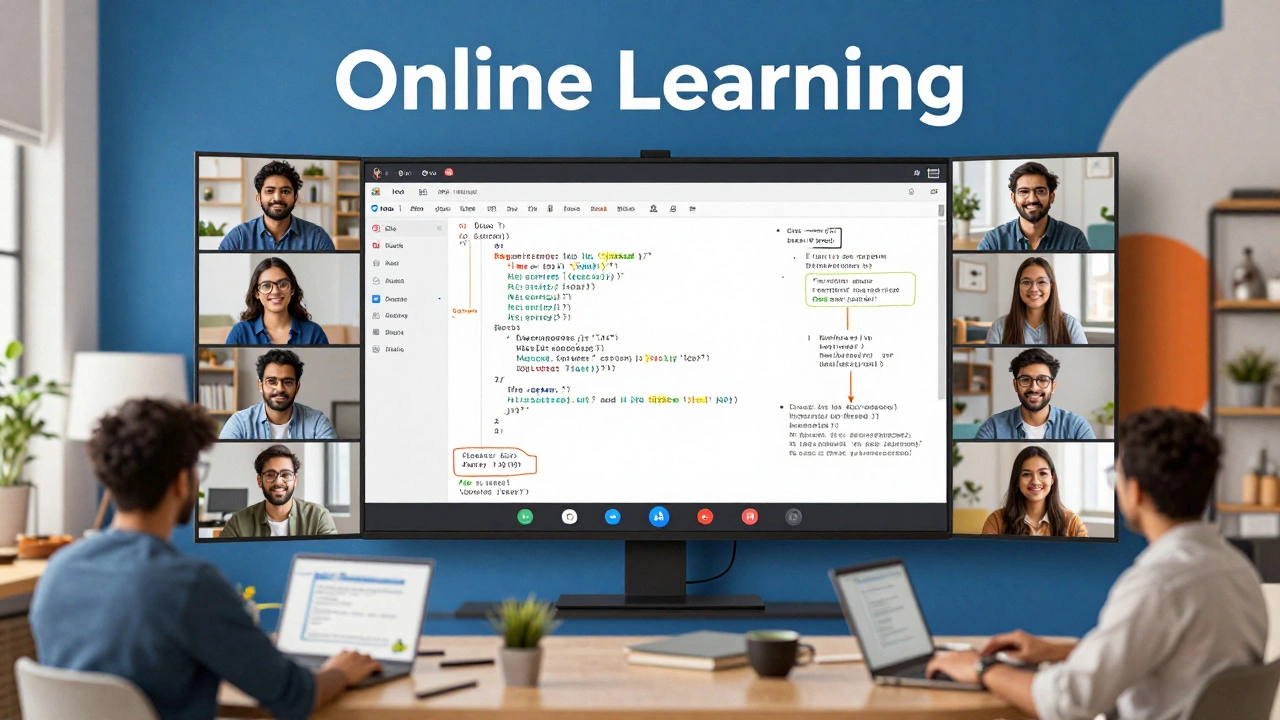 Students in different locations connected via a virtual classroom with a collaborative whiteboard.
