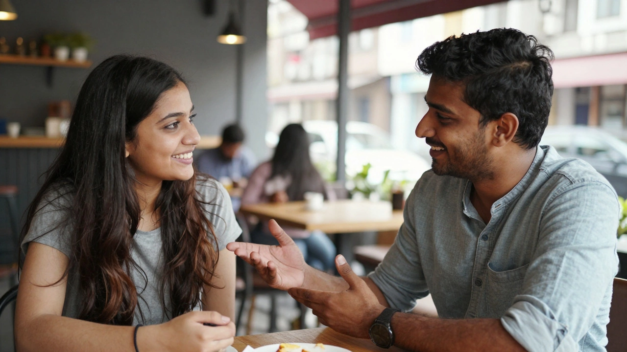 Two people from different cultures having a friendly conversation in a bright, modern cafe.