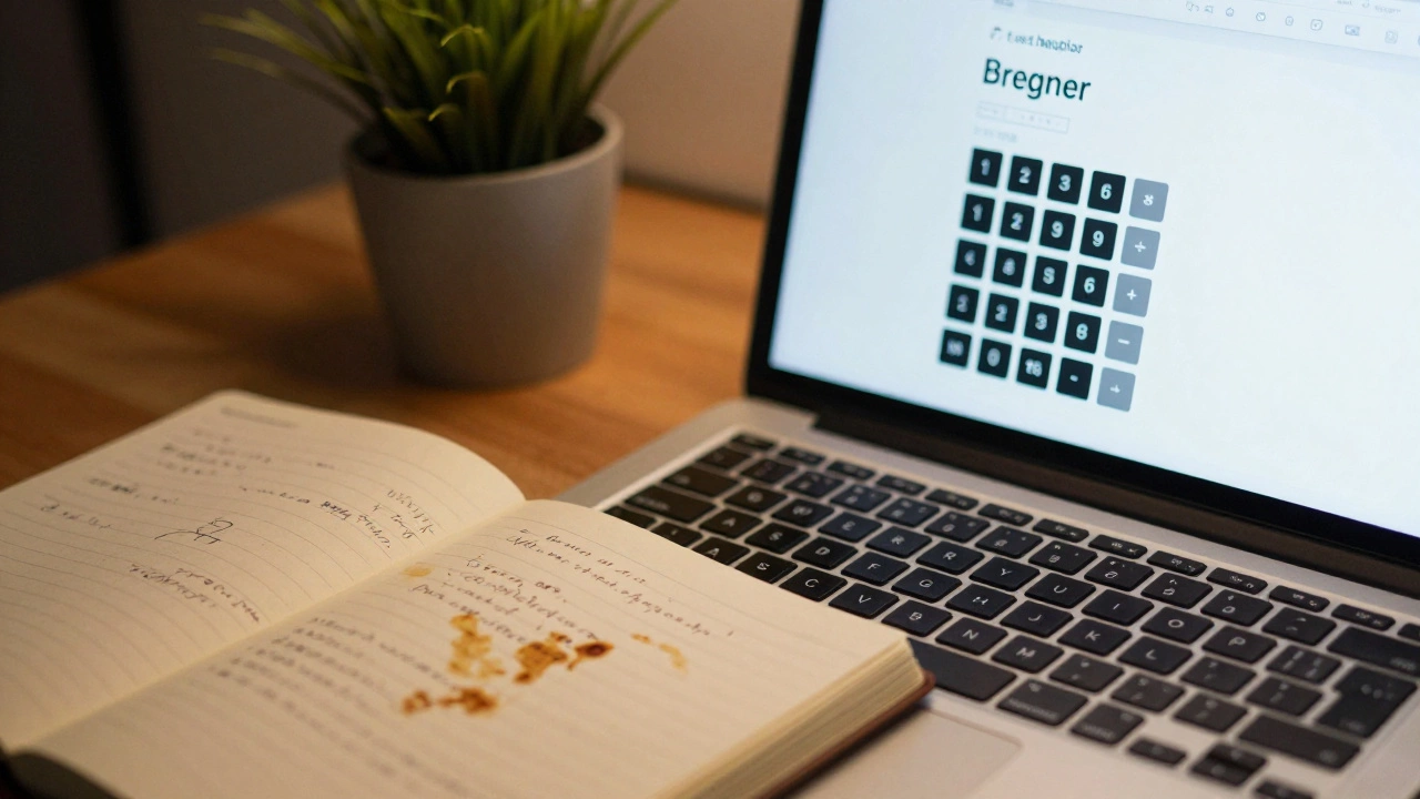Close-up of a beginner's laptop showing a working app project next to handwritten study notes.