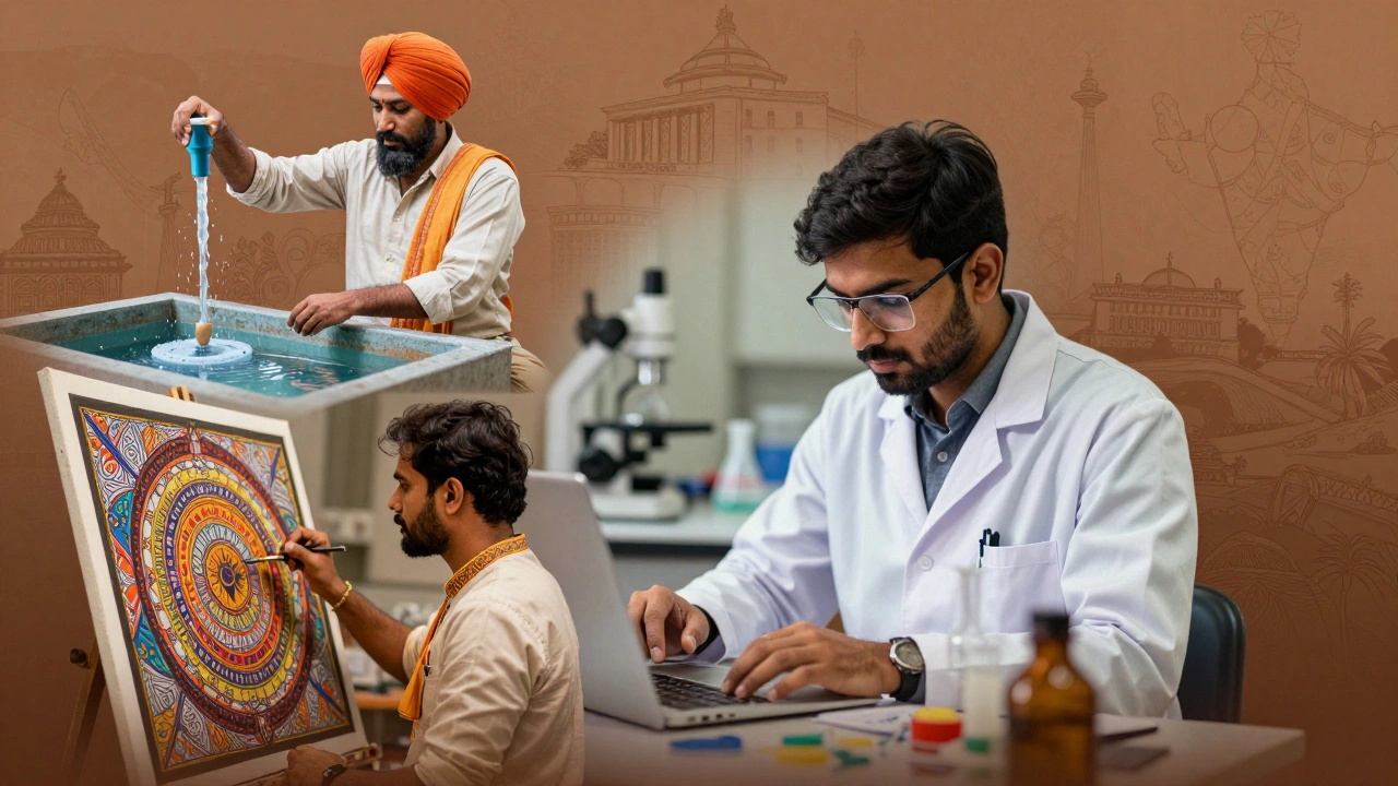 Composite image showing practical, creative, and analytical intelligence through farmers, artists, and scientists.