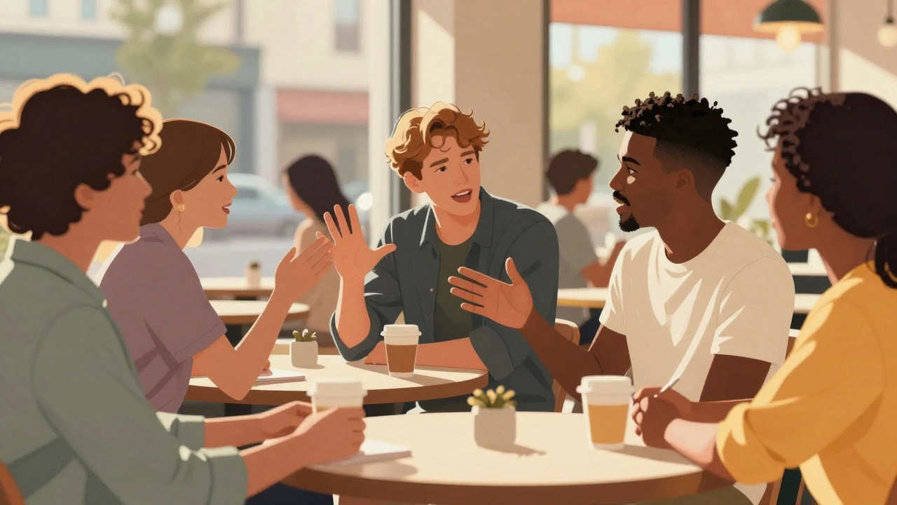 Confident people conversing in a sunny urban cafe