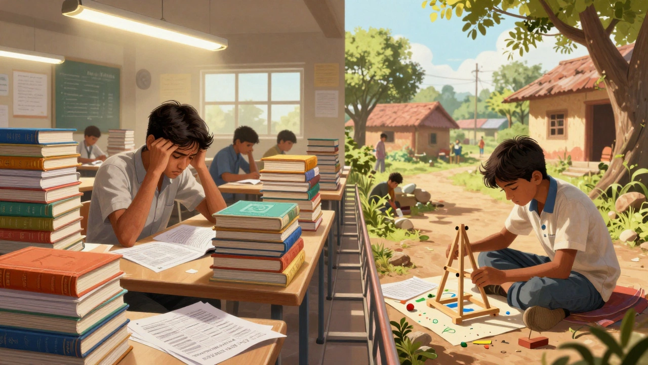 Contrast between a stressed student in a coaching center and a creatively engaged rural student.