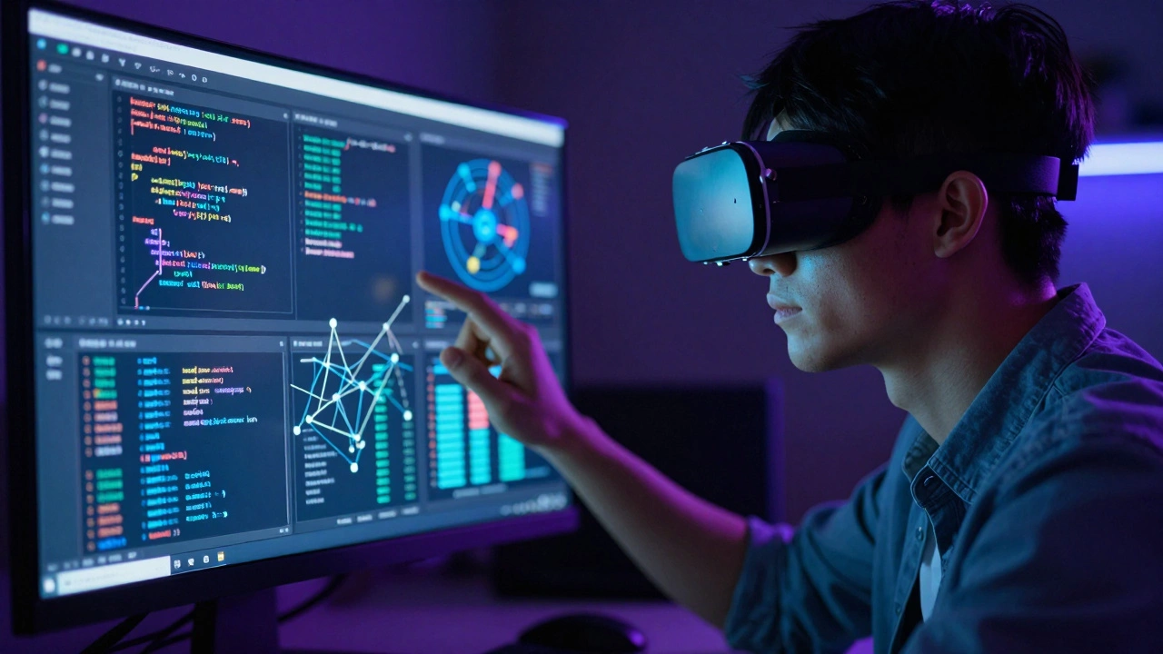 Data scientist analyzing complex AR visualizations in a moody, tech-lit workspace