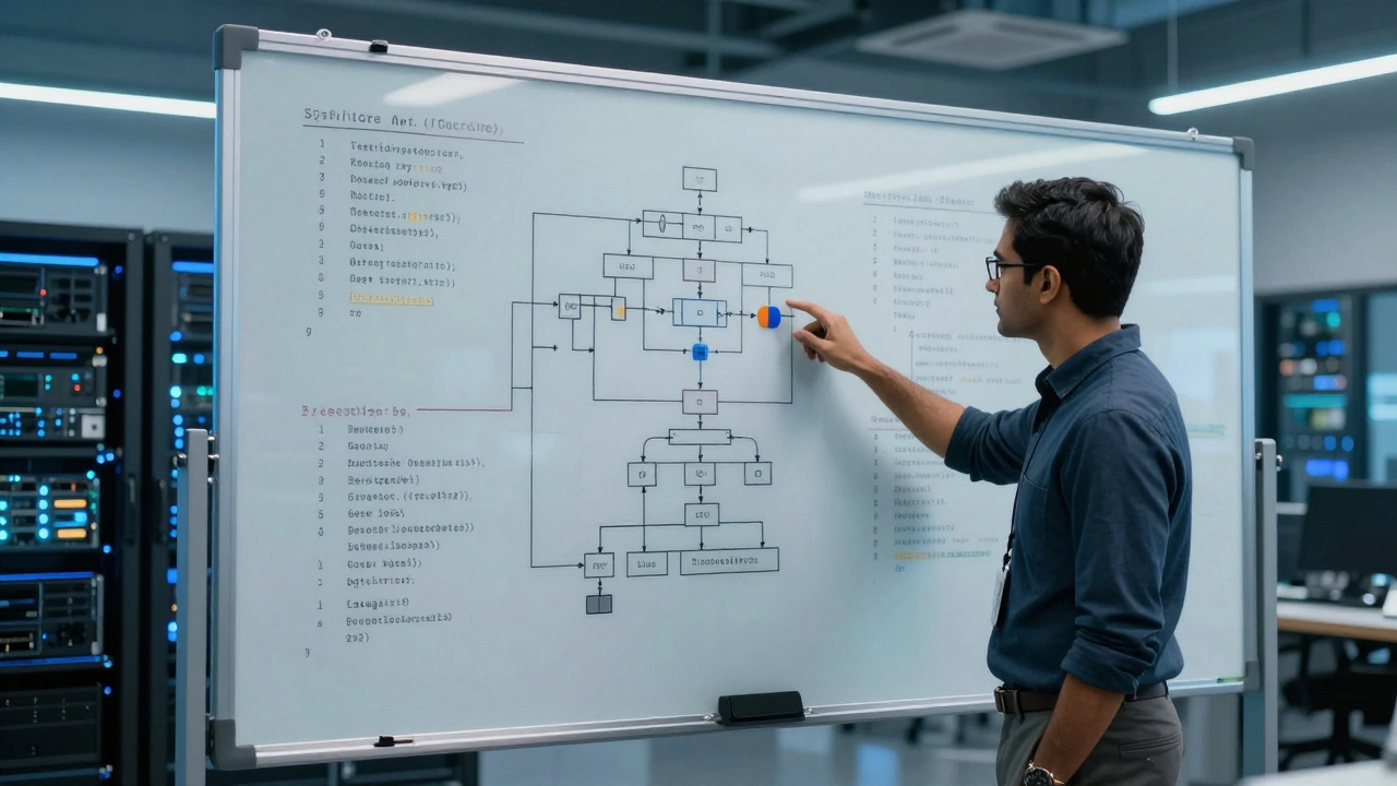 Indian engineer analyzing system architecture diagrams in a high-tech office.