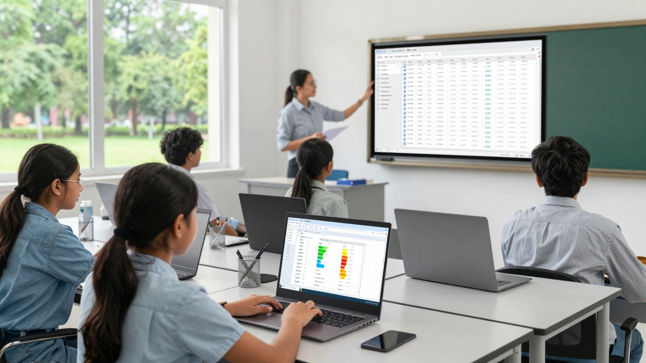 Indian students using advanced analytics dashboards in a modern computer lab