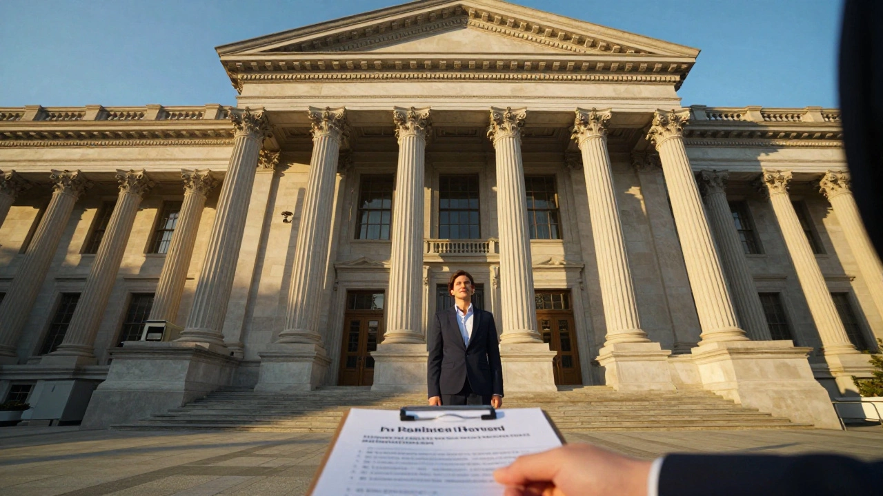 Person standing confidently before a grand government building in golden sunlight