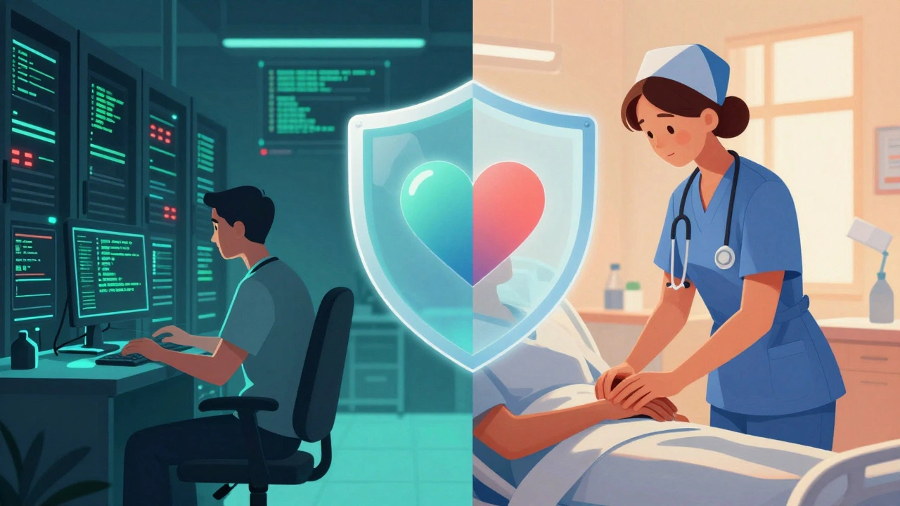 Split image showing a cybersecurity analyst and a caring nurse side-by-side