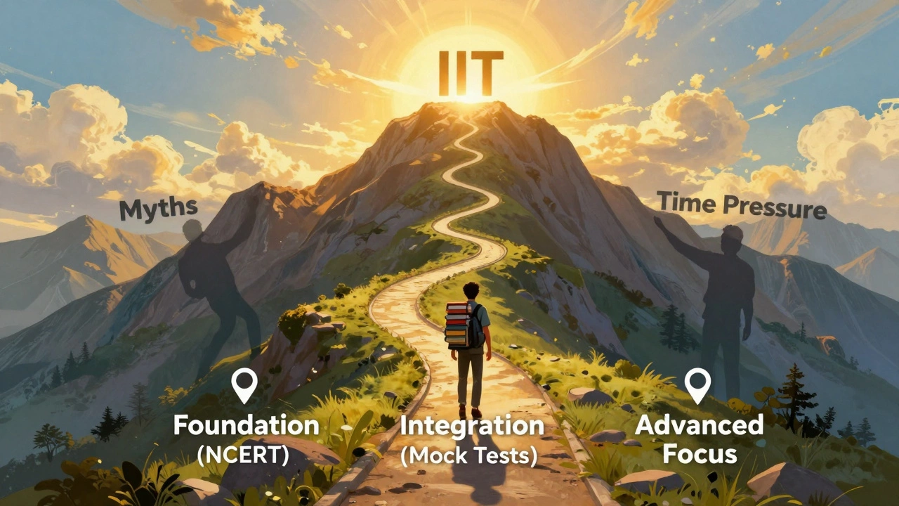 Student climbing mountain path with study phase milestones