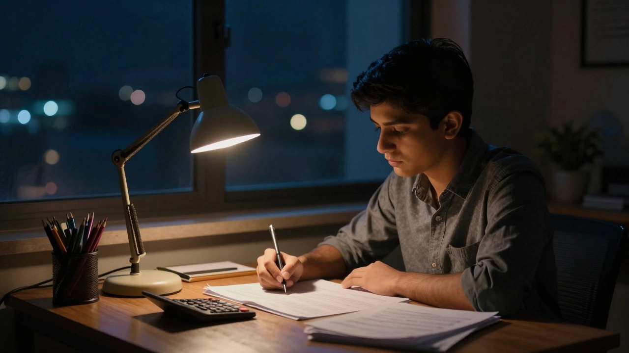 Student studying under a lamp at night, illustrating late-night preparation