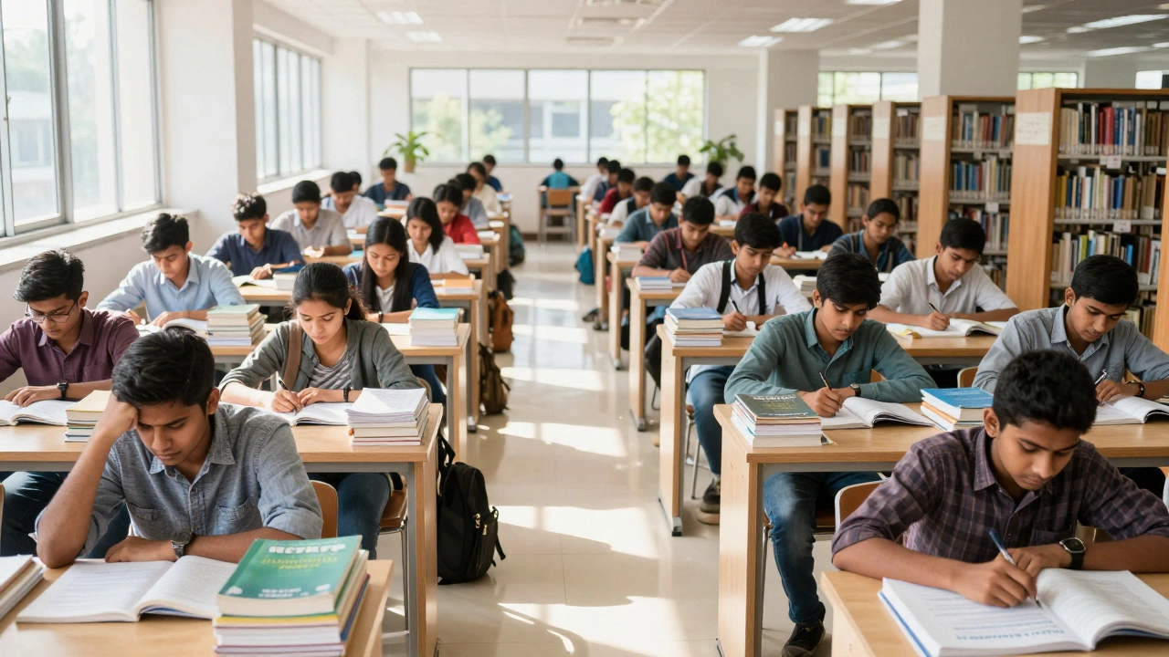 Students studying together in a bright library for entrance exams