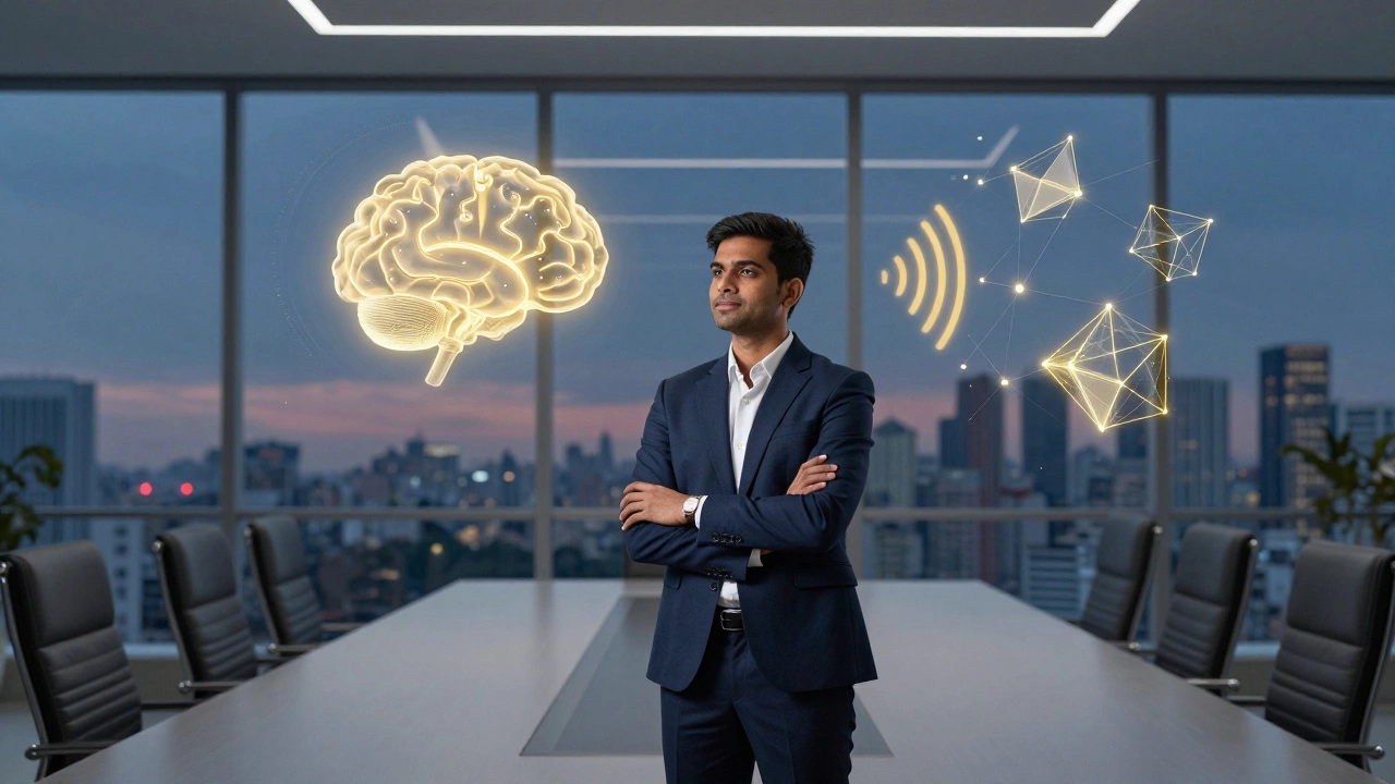 Visionary leader integrating psychology and strategy in a sleek boardroom.