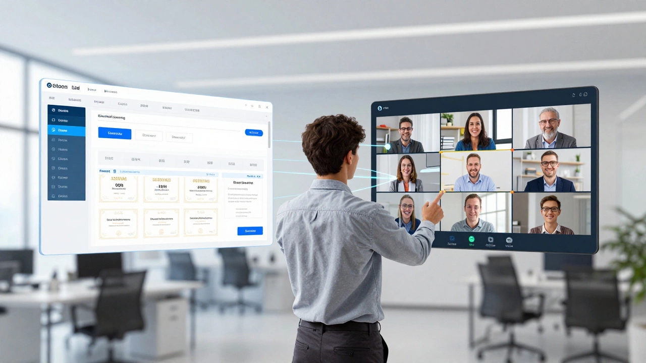 Conceptual art depicting blended learning where a student moves between an LMS module and a live virtual classroom session.