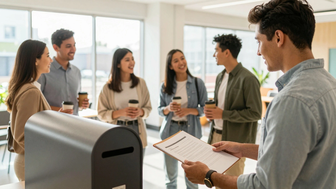 Confident professional submitting MBA application in a bright modern office