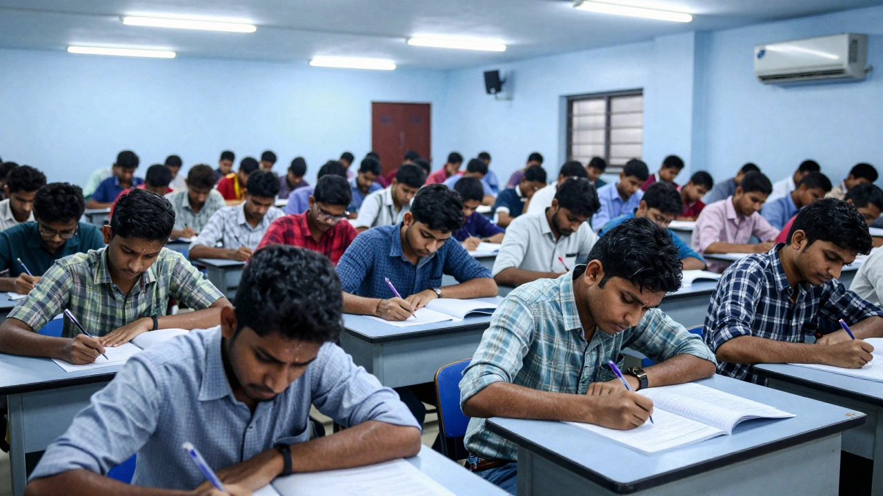 Crowded exam hall with students writing rapidly during IIT JEE