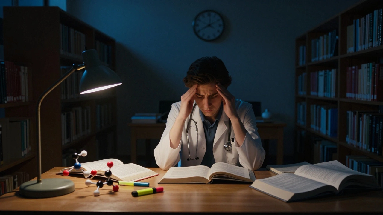 Exhausted student studying science texts late at night