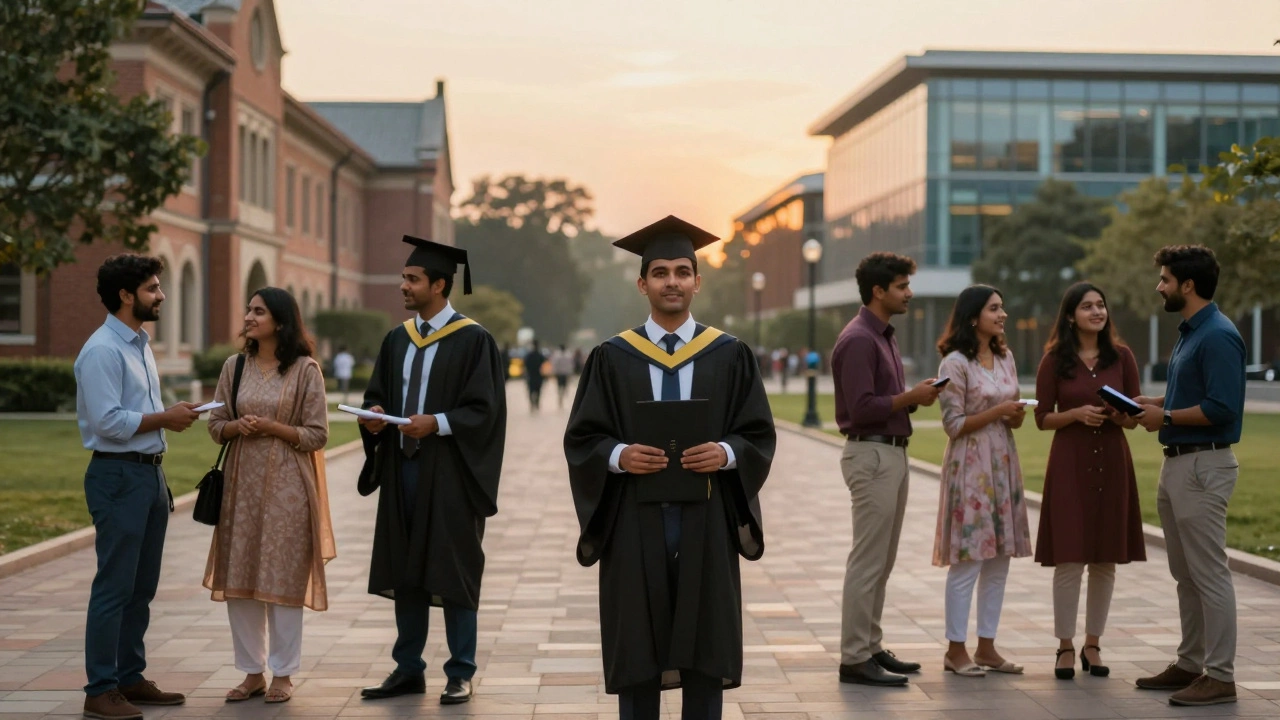Graduates from different education systems mingling on a university campus