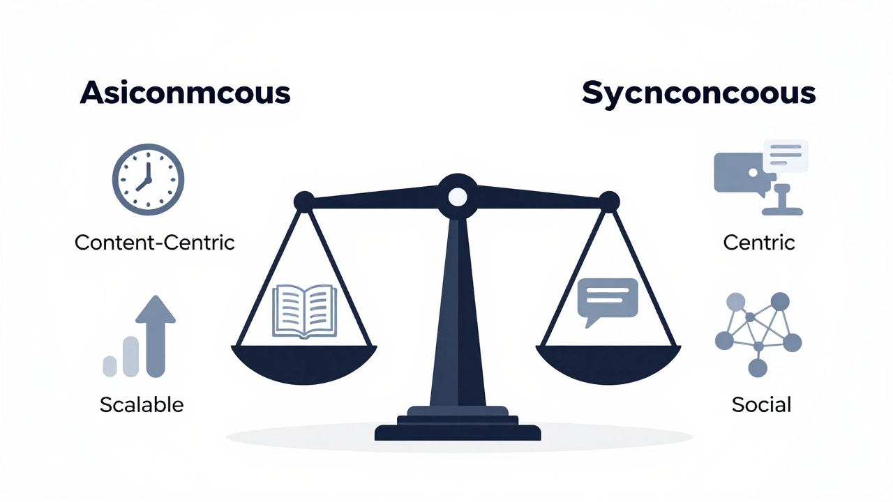 Infographic comparing eLearning and Virtual Learning with icons for asynchronous vs synchronous, content vs interaction, and scalability vs social engagement.