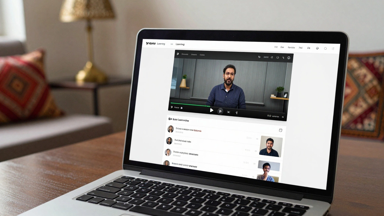 Laptop screen displaying a hybrid learning interface with recorded video and live chat, set in a modern Indian home office with traditional decor accents.