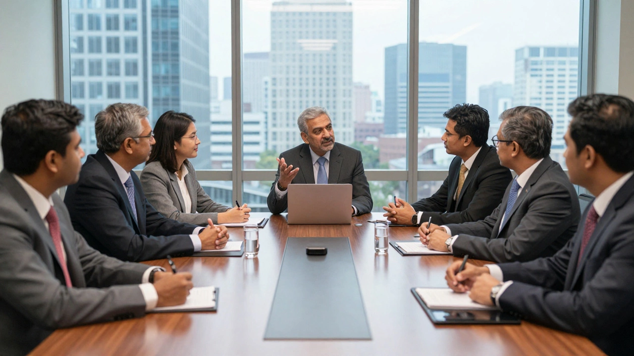 Senior executives discussing strategy in a classroom, representing Executive MBA peer learning