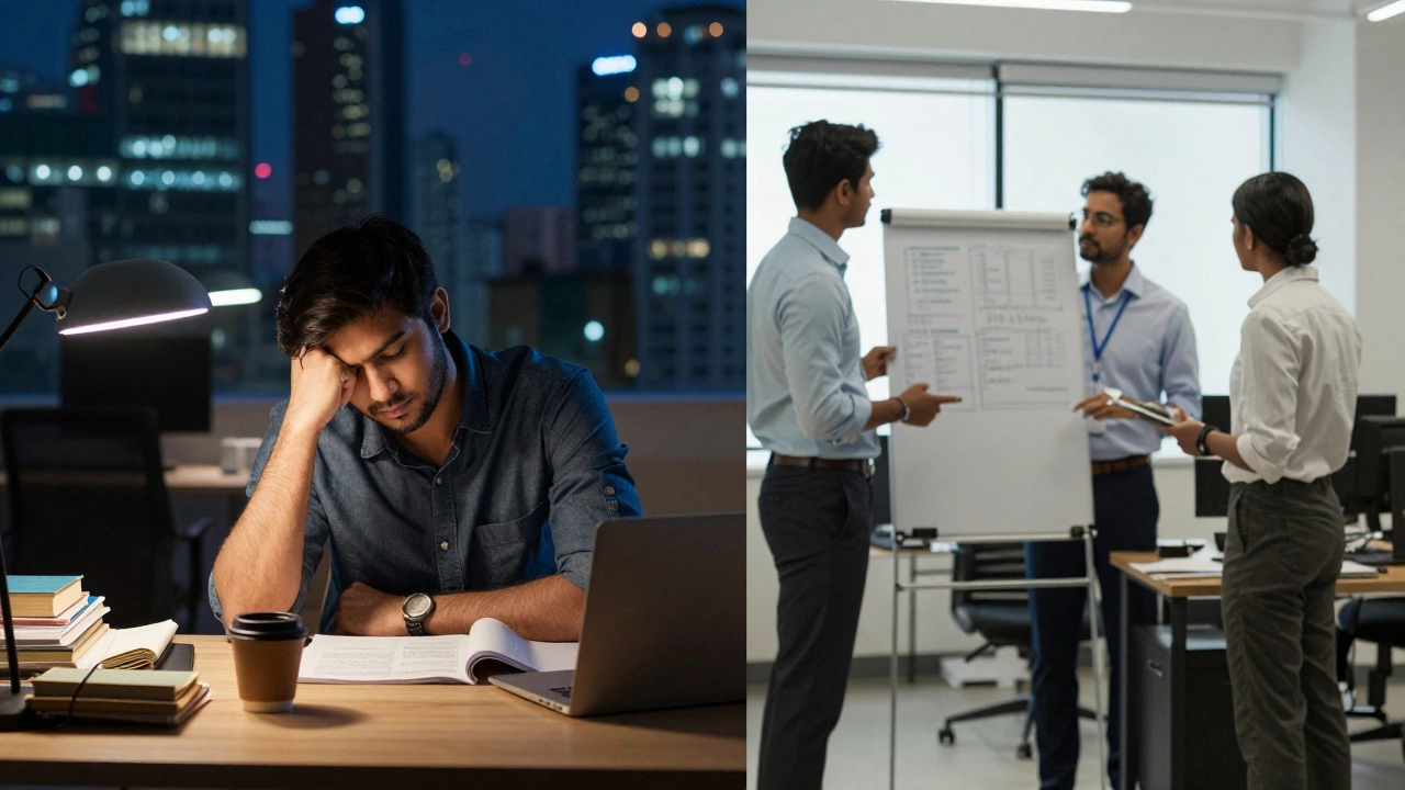 Split scene of professional studying late at night and working in office for part-time MBA