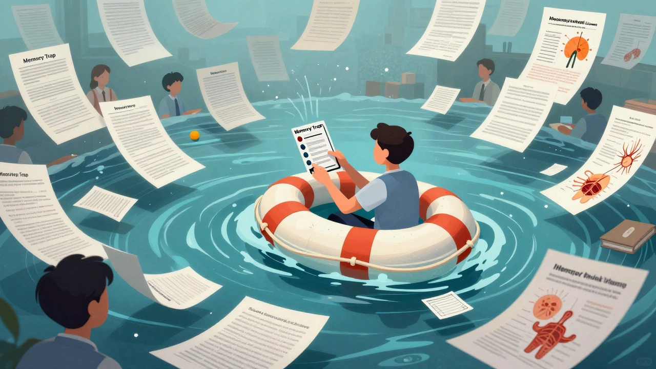 Student overwhelmed by a sea of biology texts and legal files, using flashcards as a lifeline
