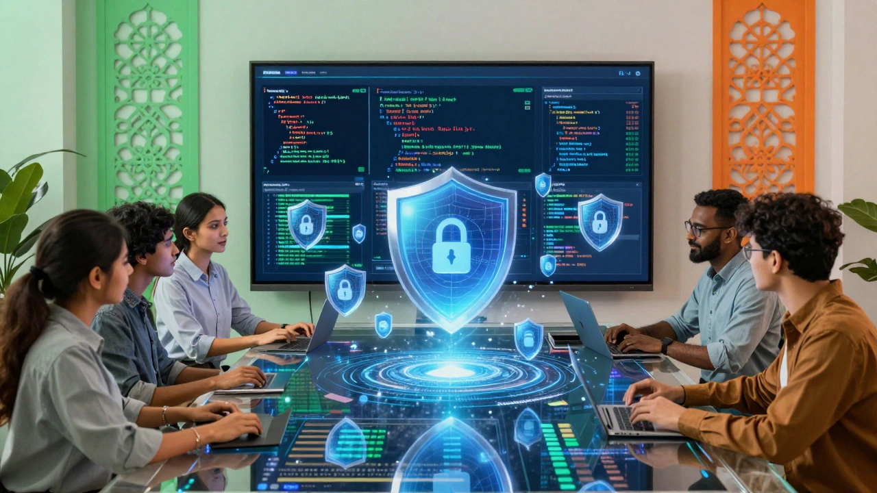 Team analyzing data and security on transparent screens