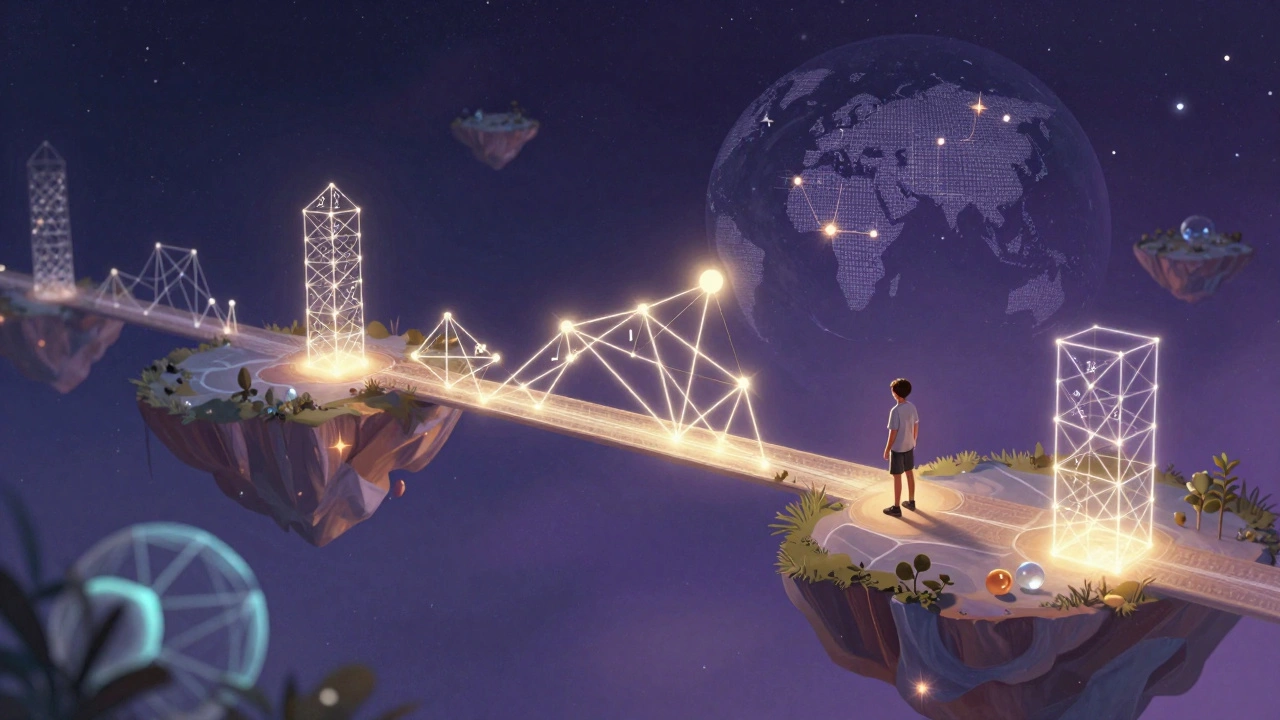 Teenager building glowing geometric bridges in a surreal void