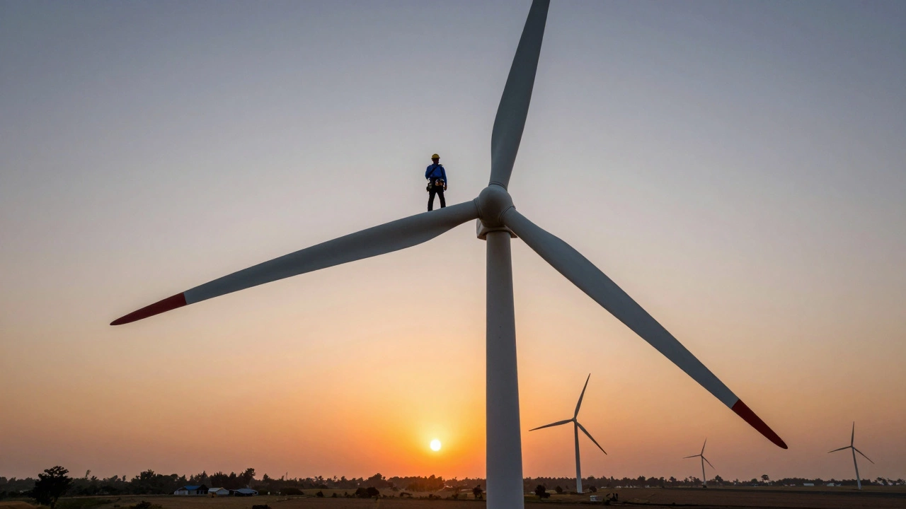 Wind turbine technician standing on a blade against a sunset sky