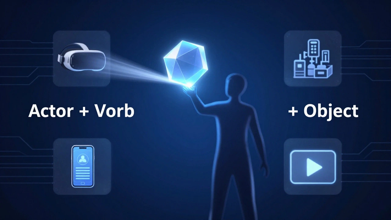 Abstract art showing actor-verb-object connection with VR and mobile icons