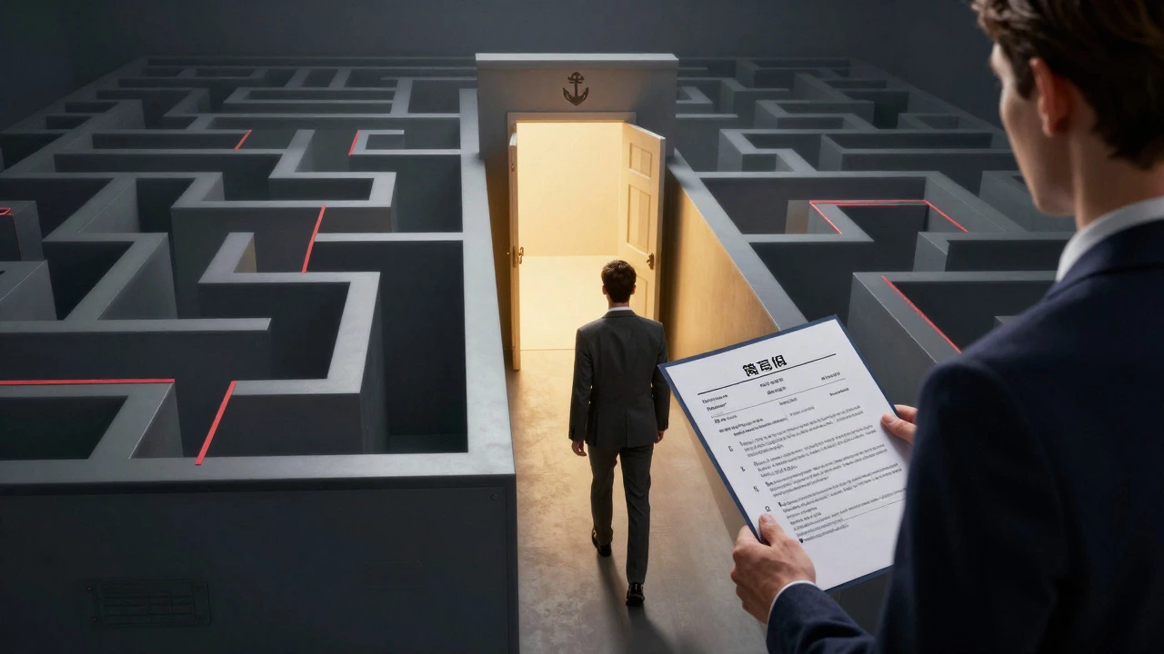 Applicant navigating a maze of paperwork toward a secure career path