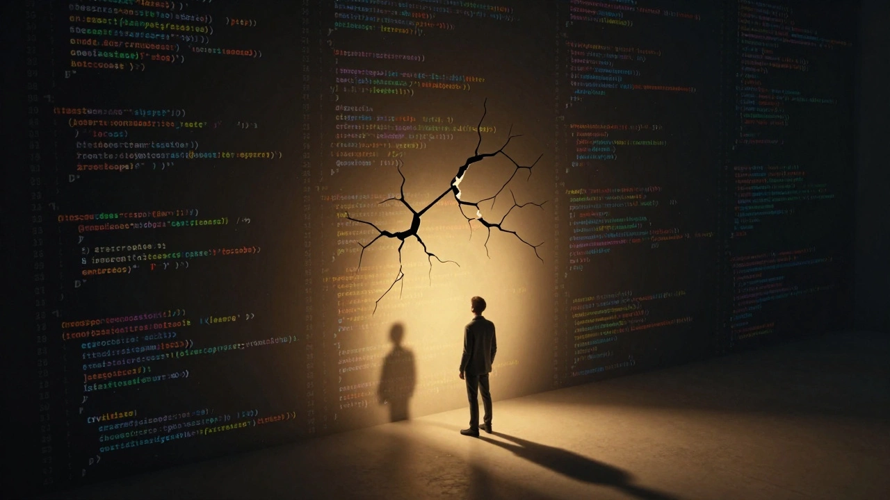 Coder facing a giant wall of code errors with light breaking through