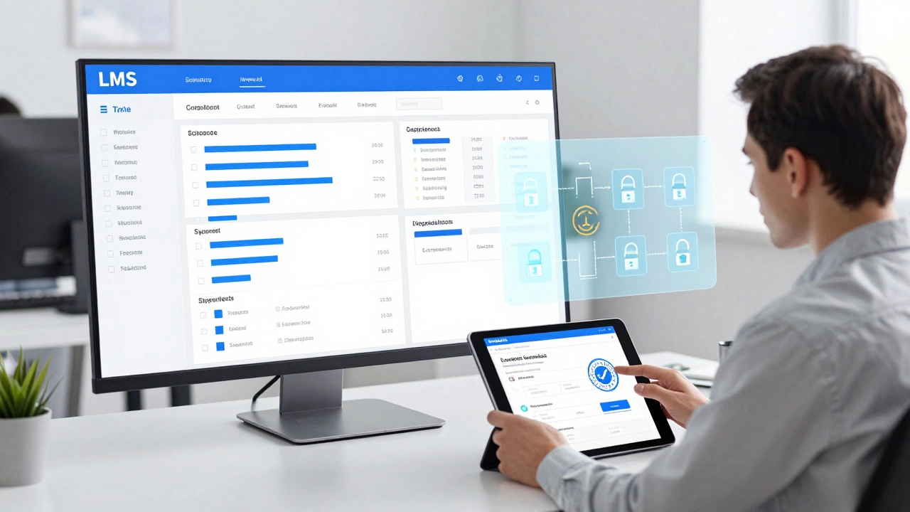 Corporate administrator tracking employee training progress on LMS dashboard