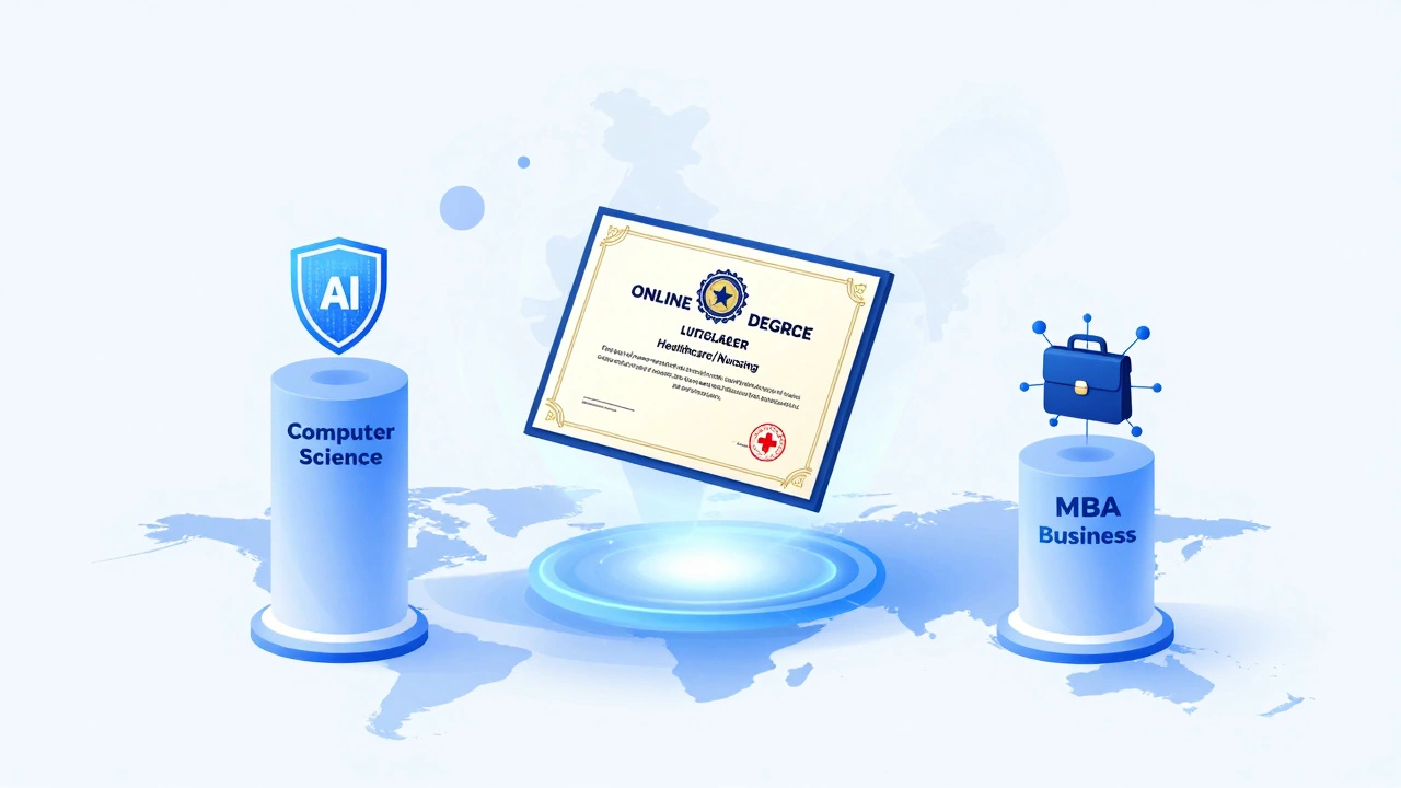 Digital illustration of accredited online degrees for tech and health