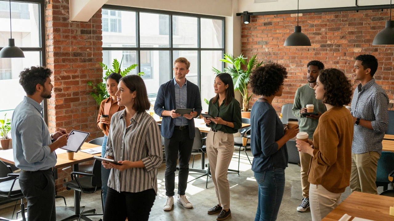 Diverse professionals networking in a modern Indian co-working space