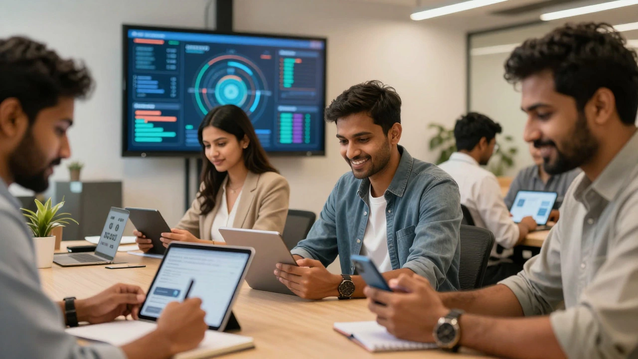 Indian employees learning on mobile devices in a modern office