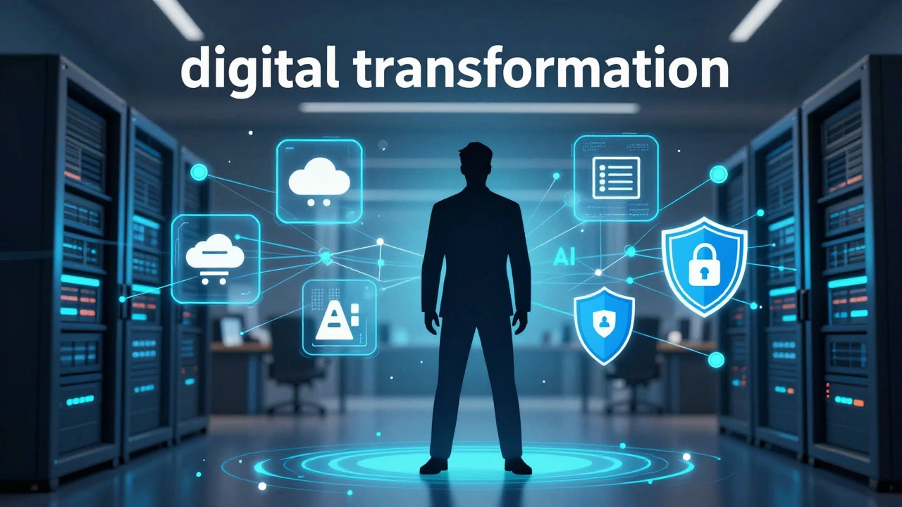 Professional surrounded by tech icons symbolizing digital government hiring