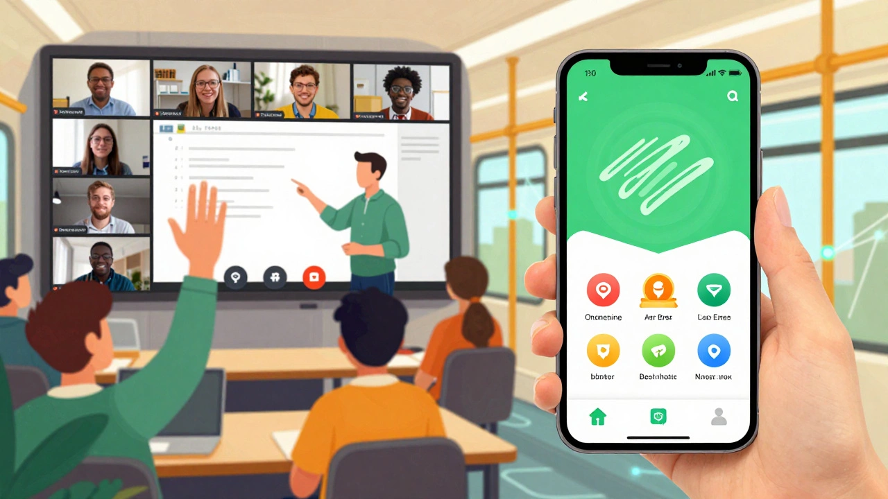 Split view of live virtual classroom interaction and mobile microlearning app