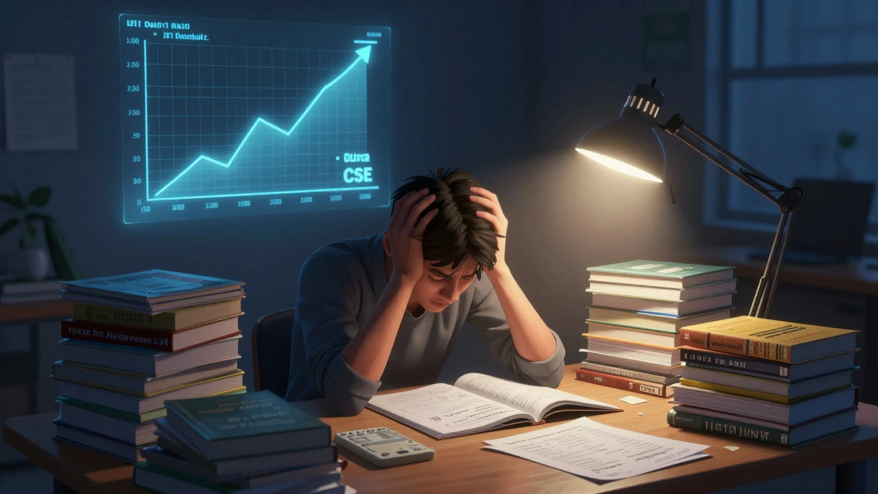 Student studying late at night surrounded by textbooks and mock tests for JEE Advanced