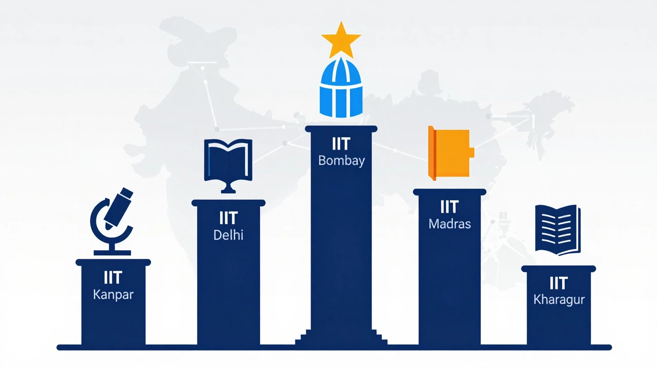 Visual representation of top IITs including Bombay, Delhi, and Kanpur with symbolic icons