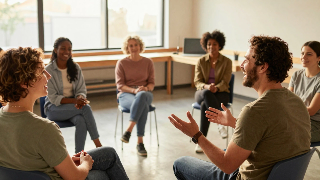 A supportive group of language learners chatting and laughing in a bright room